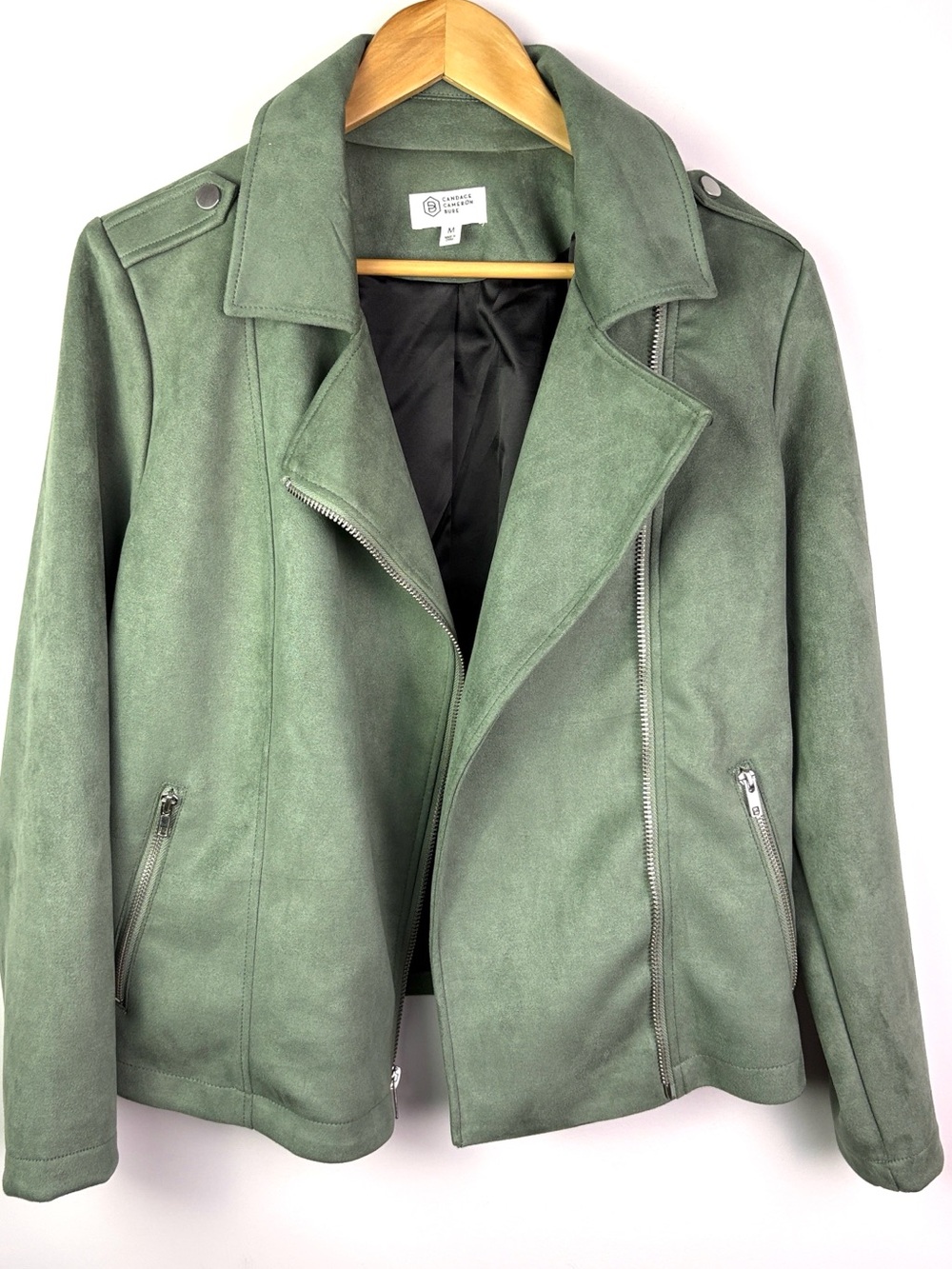 Candace Cameron Bure Green Faux Suede Moto Jacket size M